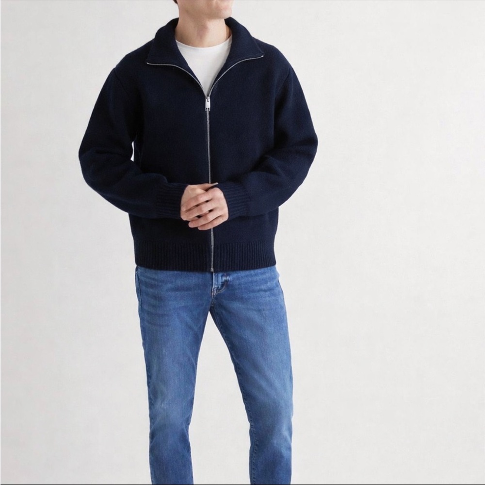 FRAME Ribbed Wool Cardigan Jacket Full Zip Men Size XL Navy Blue Nylon Padded